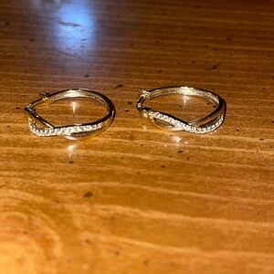 Twisted Hoop Polished Gold Tone Sterling Silver 925 Pierced Earrings Rhinestone